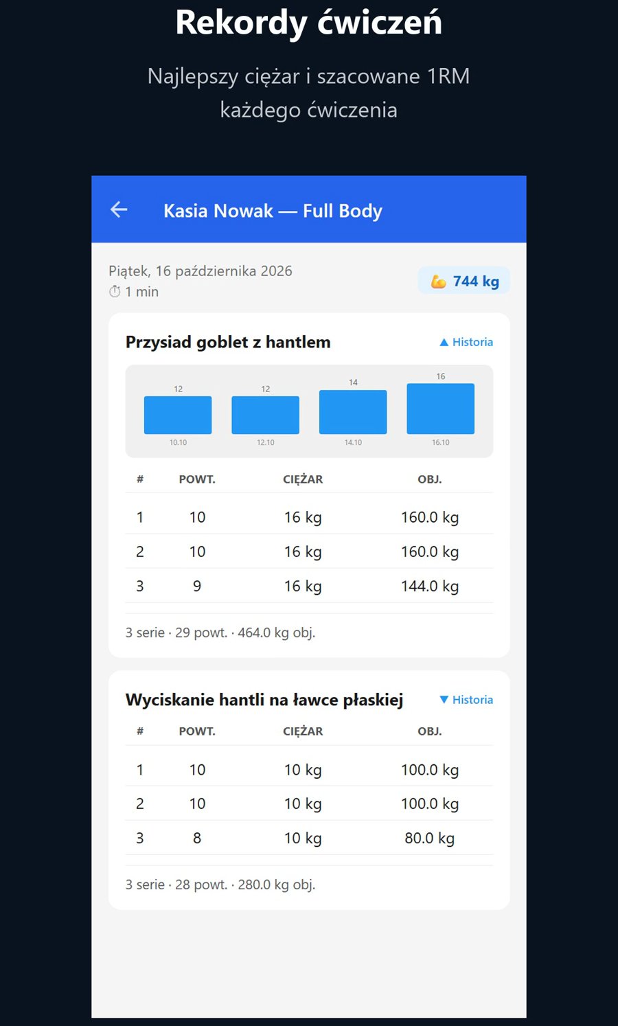 Rekordy ćwiczeń w ReGym: najlepszy ciężar w każdym ćwiczeniu i historia serii z kolejnych treningów